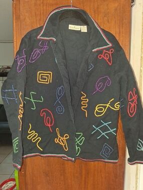 Patchington Black Open-Front Jacket with Multicolor Embroidery